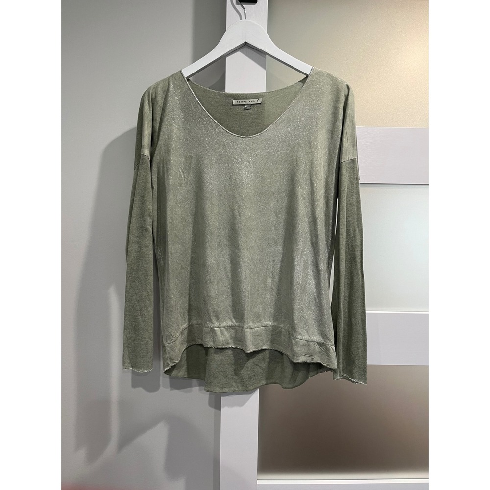 Tempo Paris Sage Green Metallic Shimmer V-Neck Long Sleeve Top Made in Italy S/M